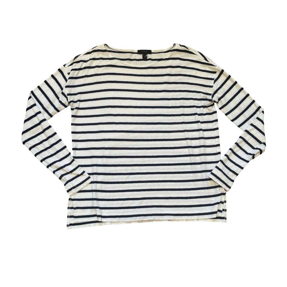 J.Crew Black White Striped Long Sleeve Cotton Boatneck Tee Size XS